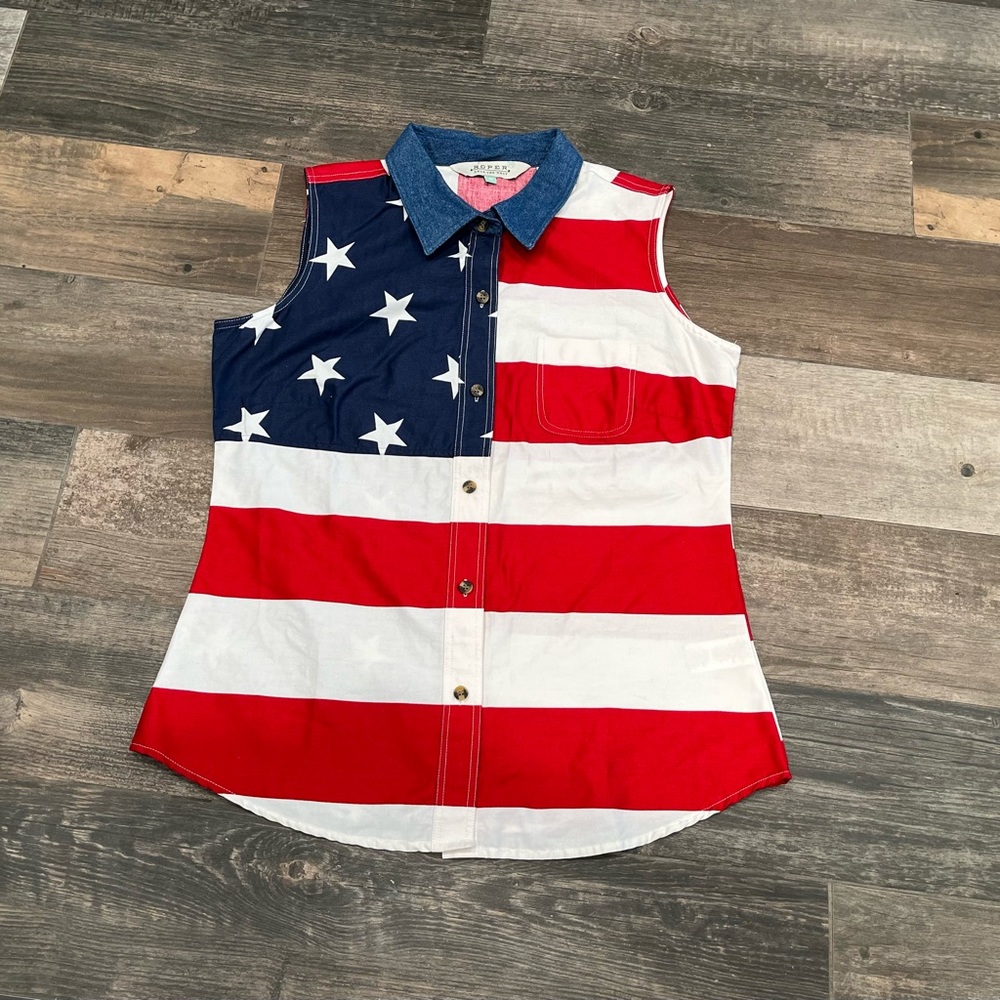 Roper Womens Red 100% Cotton Sleeveless Stars Stripes American Flag Shirt Sz M.